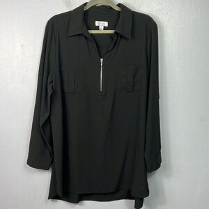 Denim & Co Black 1/4 Zip Popover Long Tab Sleeve Tunic Blouse Large